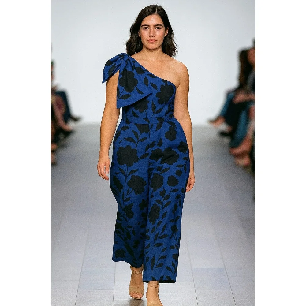 Kate Spade New York Blue Black Floral One Shoulder Linen Blend Jumpsuit‎ Size 14